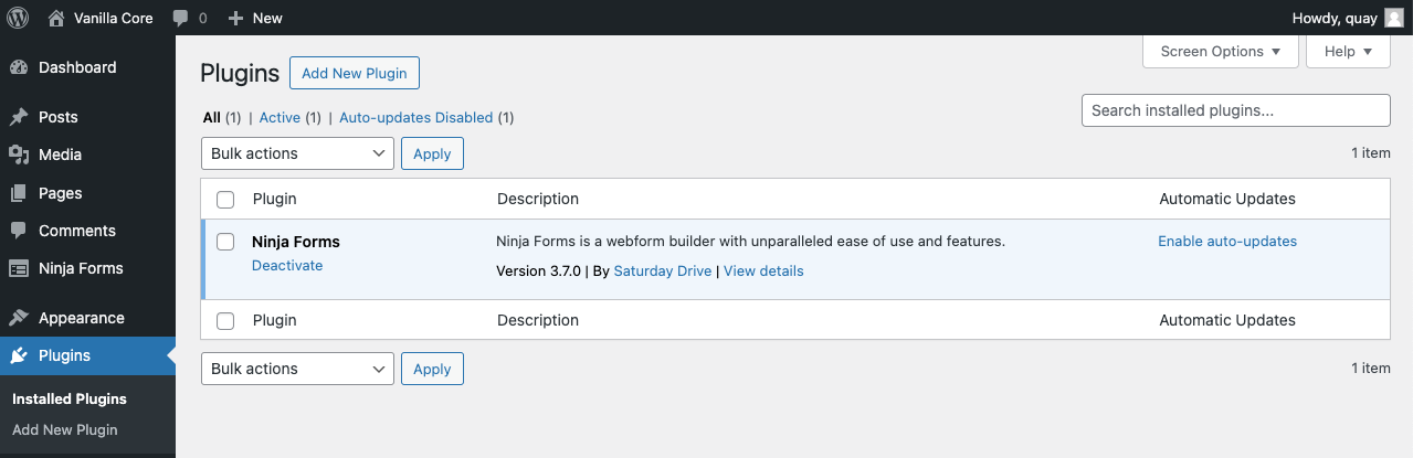 image of Ninja Forms installed and activated under Plugins in the WordPress dashboard